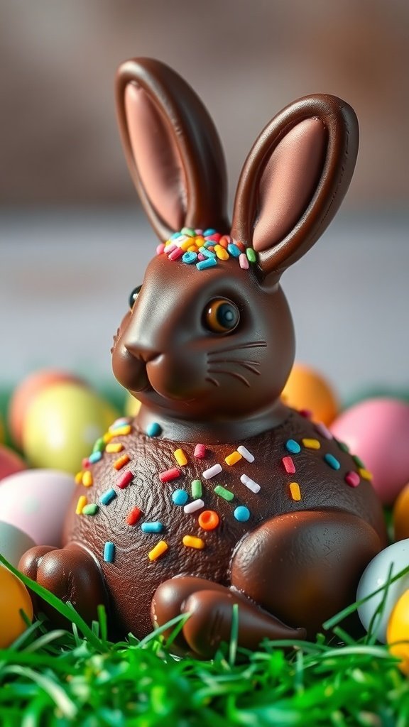 27 Delightful Easter Cake Ideas to Celebrate Spring A chocolate bunny cake surrounded by colorful Easter eggs on a grassy background.