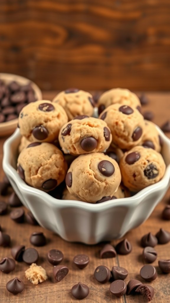 29 Irresistible Mini Desserts Perfect for Any Party A bowl of chocolate chip cookie dough bites surrounded by chocolate chips