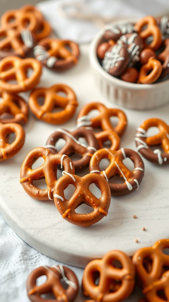29 Irresistible Mini Desserts You Need to Try A plate of chocolate covered mini pretzels with white chocolate drizzle and sprinkles