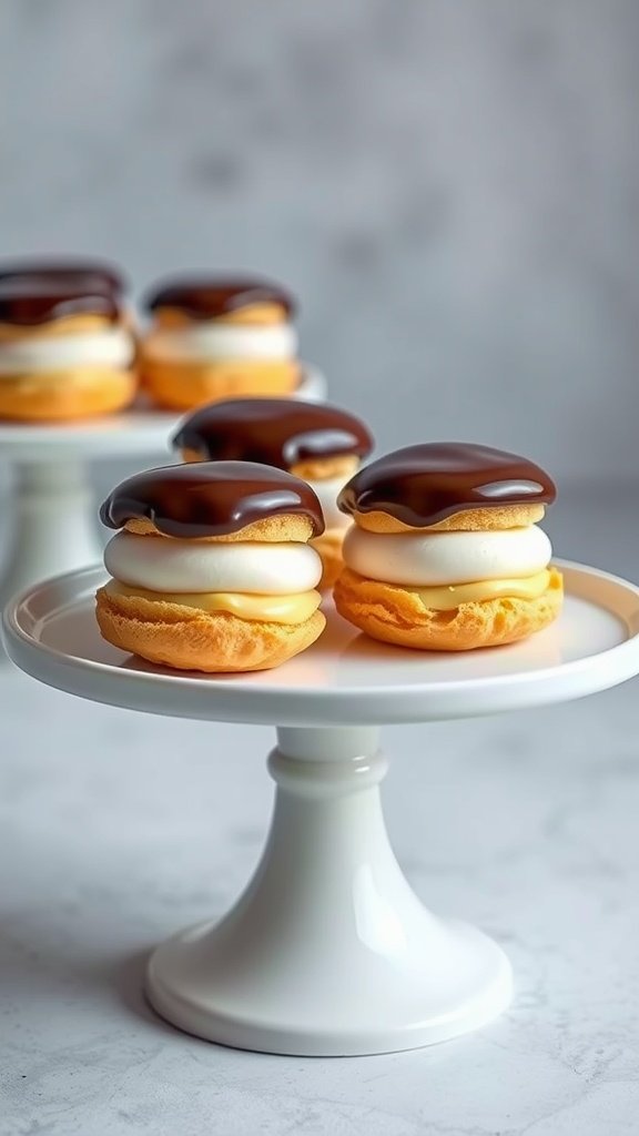 29 Delightful Mini Desserts Perfect for Weddings Chocolate eclairs filled with vanilla cream and topped with chocolate glaze on a white plate.