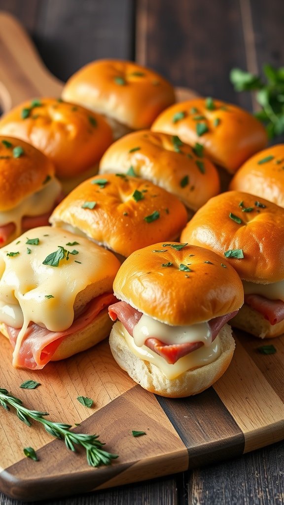 35 Irresistible Ham and Cheese Slider Recipes You’ll Love Classic ham and cheese sliders with fresh herbs on a wooden board.