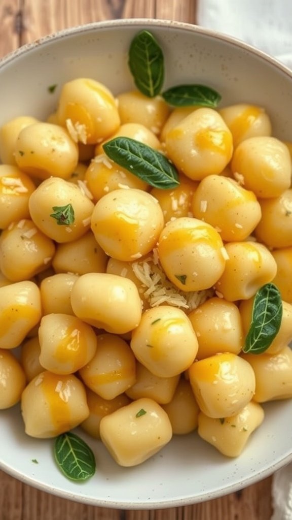 35 Delectable Gnocchi Recipes to Satisfy Your Cravings A bowl of classic potato gnocchi with sage butter sauce, garnished with fresh sage leaves and grated cheese.