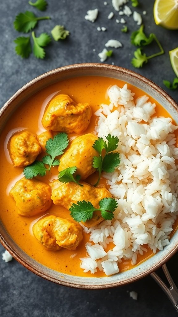 27 Delicious Sunday Dinner Ideas for Your Family Table Bowl of coconut curry chicken served with rice and garnished with fresh cilantro