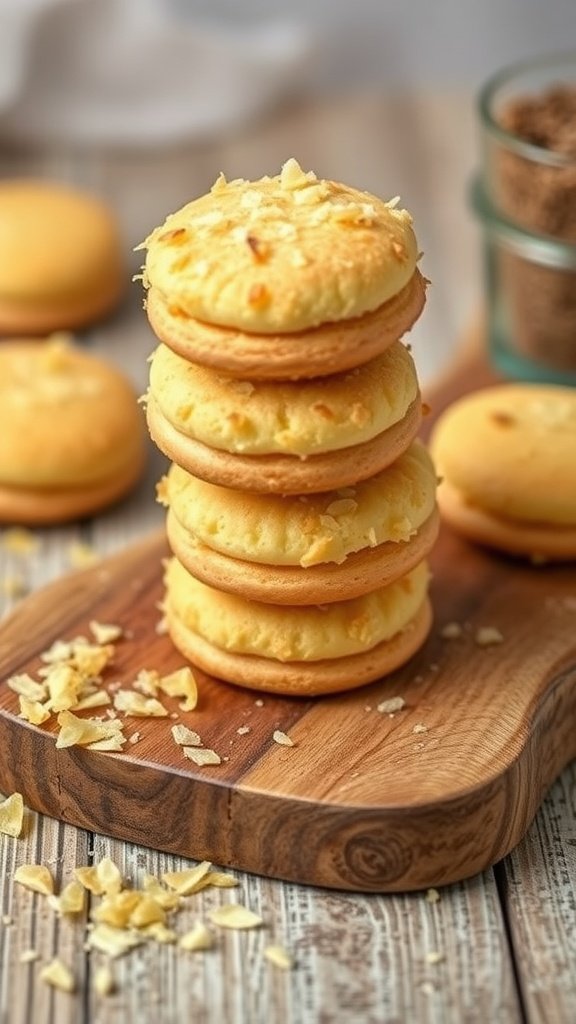 29 Irresistible Mini Desserts You Need to Try A stack of coconut macaroons on a wooden board with a rustic background.