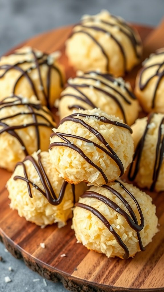 29 Delightful Mini Desserts Perfect for Weddings Coconut macaroons drizzled with chocolate on a wooden platter