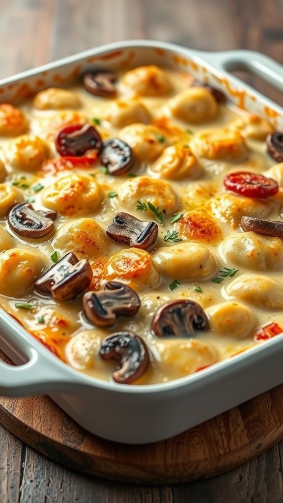 35 Delectable Gnocchi Recipes to Satisfy Your Cravings A creamy mushroom gnocchi bake in a white dish, topped with golden melted cheese and garnished with herbs.