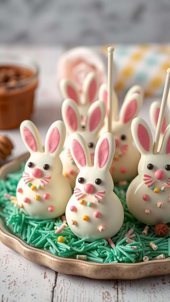 27 Delightful Easter Cake Ideas to Celebrate Spring Easter Bunny Cake Pops on a platter with colorful decorations