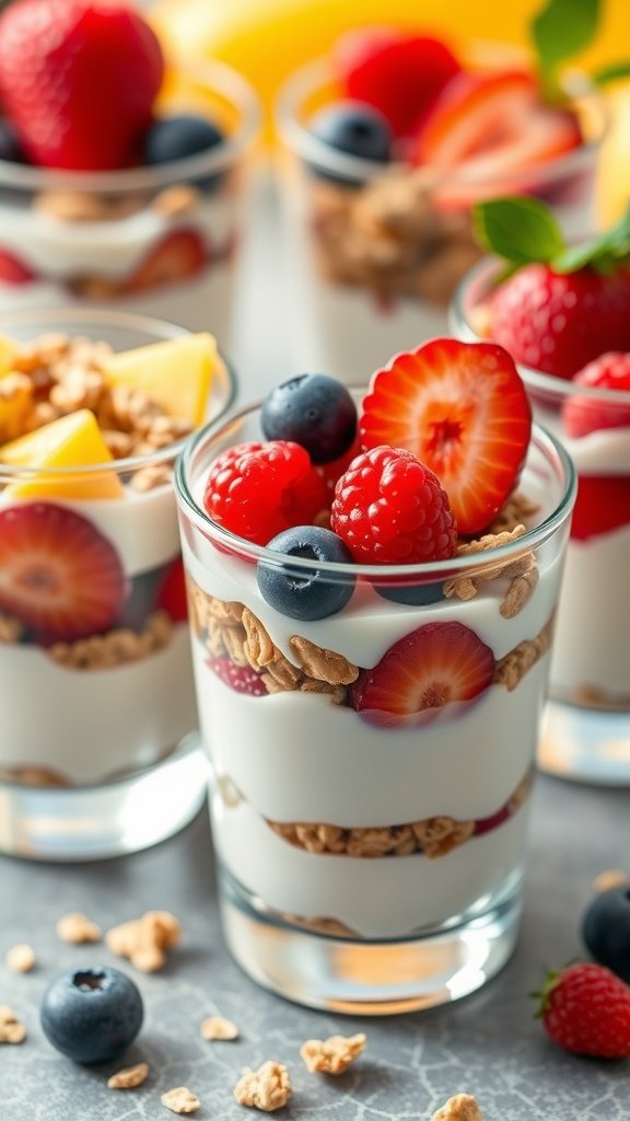 29 Irresistible Mini Desserts You Need to Try Colorful fruit and yogurt parfaits in clear cups with layers of yogurt, granola, and mixed fruit.