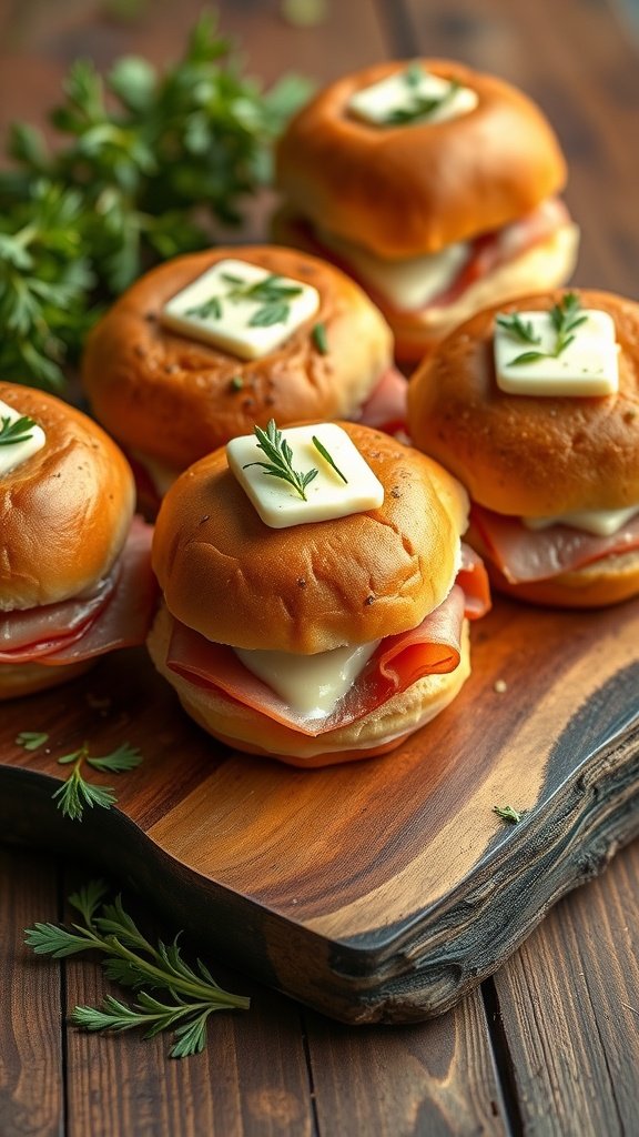 35 Irresistible Ham and Cheese Slider Recipes You’ll Love Garlic herb ham and cheese sliders on a wooden board