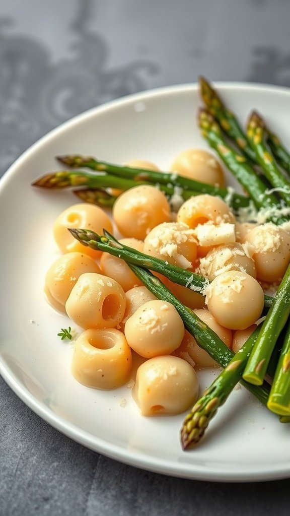 35 Delectable Gnocchi Recipes to Satisfy Your Cravings A plate of gnocchi with asparagus and Parmesan cheese, garnished with parsley.