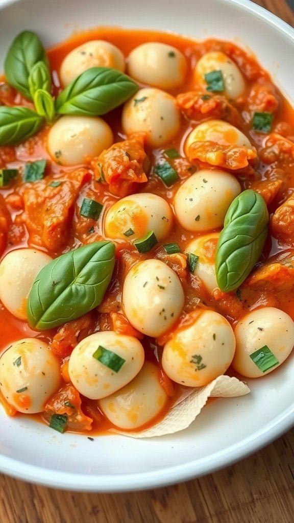 35 Delectable Gnocchi Recipes to Satisfy Your Cravings A bowl of gnocchi with tomato basil cream sauce, garnished with fresh basil leaves.