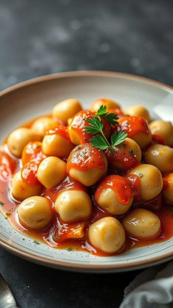 35 Delectable Gnocchi Recipes to Satisfy Your Cravings A plate of gnocchi served with a rich vodka sauce and garnished with fresh basil.