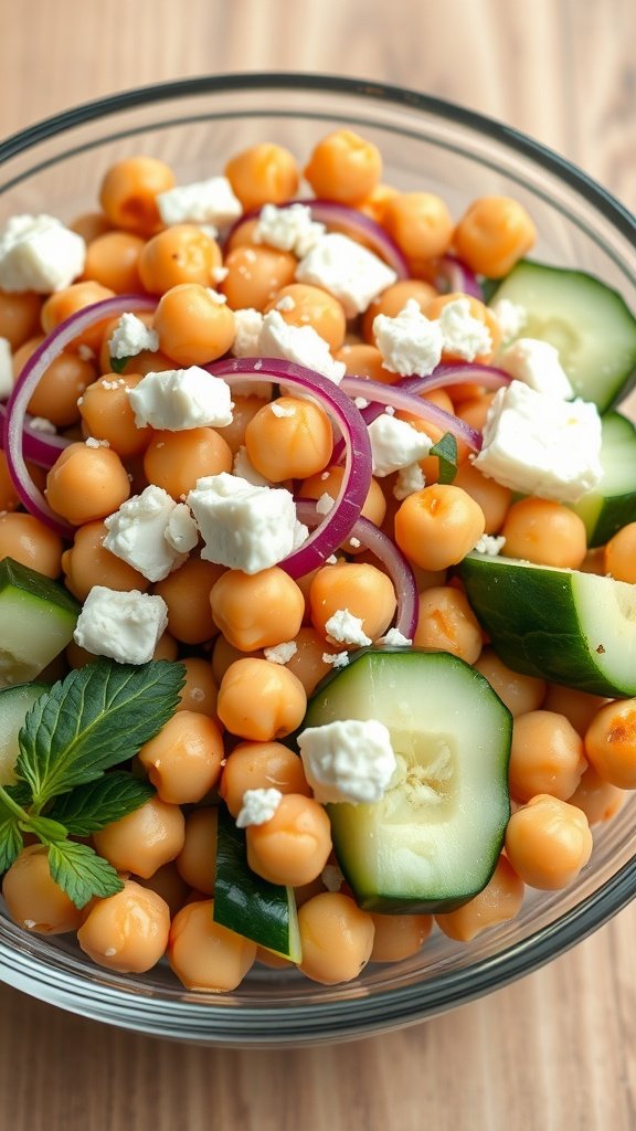 35 Delicious Salad Recipes You Need to Try A bowl of Greek Chickpea Salad featuring chickpeas, cucumber, red onion, and feta cheese.