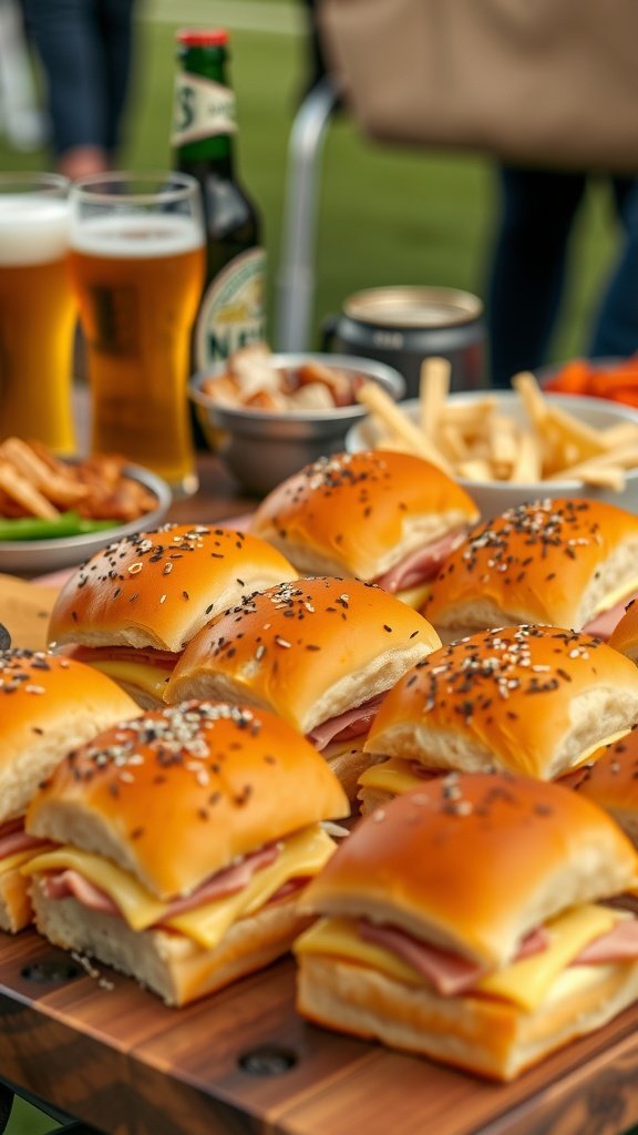 35 Irresistible Ham and Cheese Slider Recipes You’ll Love Delicious ham and cheese sliders on a wooden table, perfect for tailgating.
