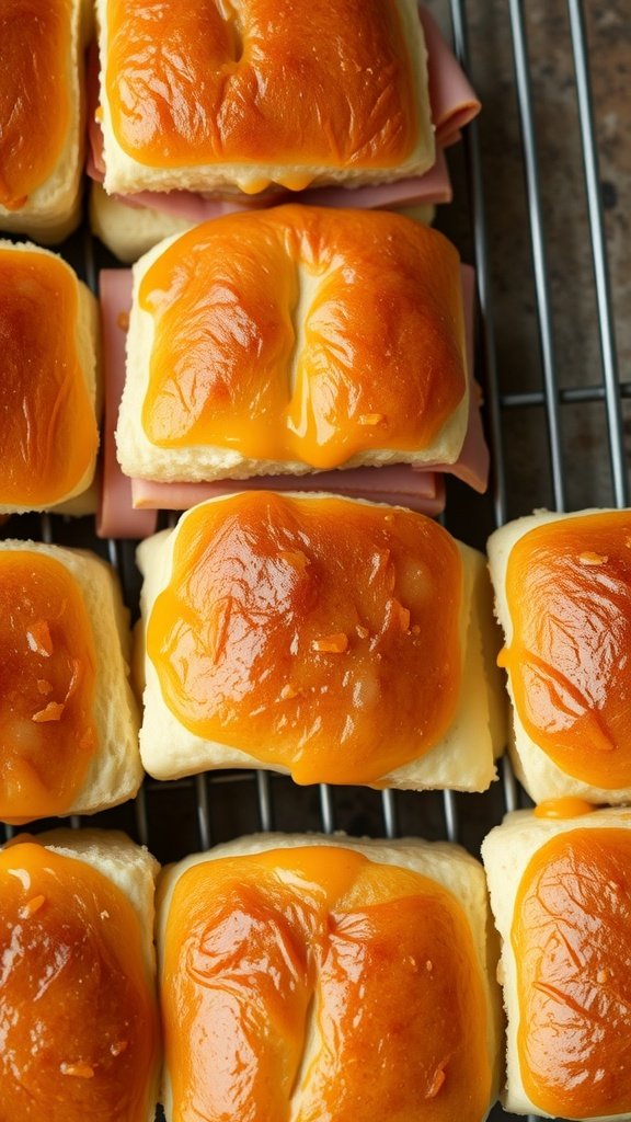 35 Irresistible Ham and Cheese Slider Recipes You’ll Love Delicious ham and cheese sliders with a golden-brown top on a cooling rack.