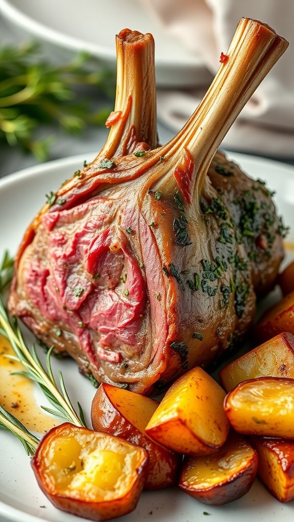 27 Delicious Sunday Dinner Ideas for Your Family Table A beautifully roasted rack of lamb garnished with herbs, served with roasted potatoes.