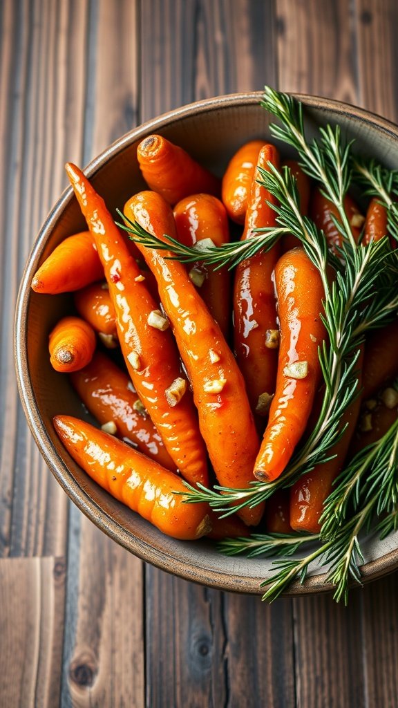27 Delicious Sunday Dinner Ideas for Your Family Table A bowl of honey garlic glazed carrots garnished with fresh herbs.