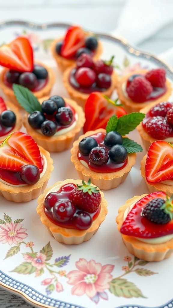 29 Delightful Mini Desserts Perfect for Weddings Delicious individual fruit tarts topped with fresh berries on a decorative plate.