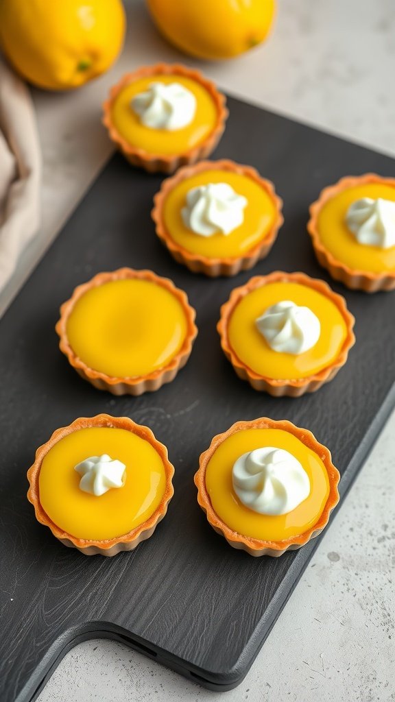 29 Irresistible Mini Desserts Perfect for Any Party Mini lemon curd tartlets topped with whipped cream.