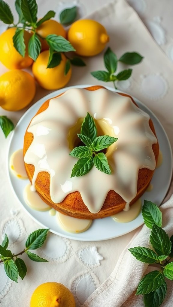 27 Delightful Easter Cake Ideas to Celebrate Spring A beautifully decorated lemon ricotta pound cake topped with a zesty glaze, surrounded by fresh lemons and mint leaves.