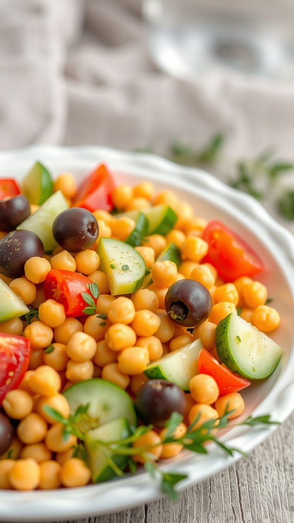 27 Delicious Sunday Dinner Ideas for Your Family Table A colorful Mediterranean chickpea salad with tomatoes, cucumbers, olives, and fresh herbs.