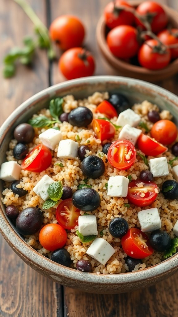 35 Delicious Salad Recipes You Need to Try A colorful bowl of Mediterranean Quinoa Salad with halved cherry tomatoes, olives, cubed feta cheese, and fresh herbs.