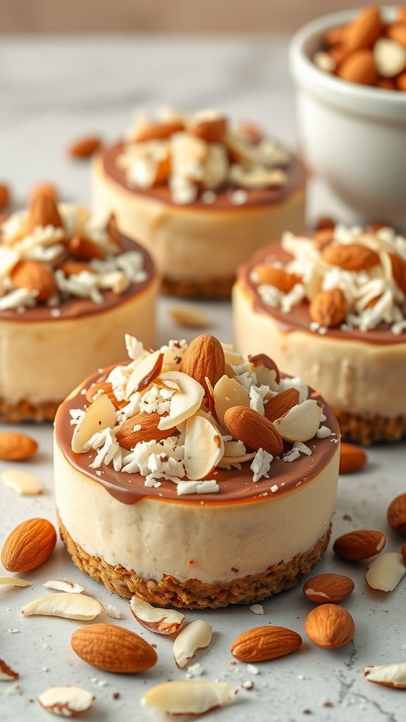 29 Irresistible Mini Desserts Perfect for Any Party Mini Almond Joy Cheesecakes with chocolate and almonds