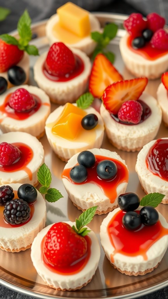29 Irresistible Mini Desserts Perfect for Any Party Mini cheesecake bites topped with various fruits on a serving tray.