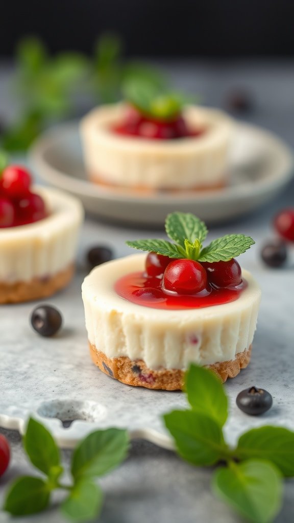 29 Irresistible Mini Desserts You Need to Try Mini cheesecakes topped with berry compote and mint leaves