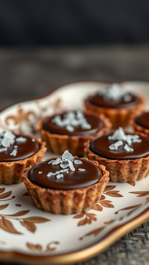 29 Delightful Mini Desserts Perfect for Weddings Mini chocolate tarts topped with sea salt flakes on an elegant plate.