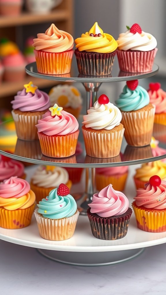 29 Irresistible Mini Desserts Perfect for Any Party An assortment of colorful mini cupcakes displayed on a tiered stand.