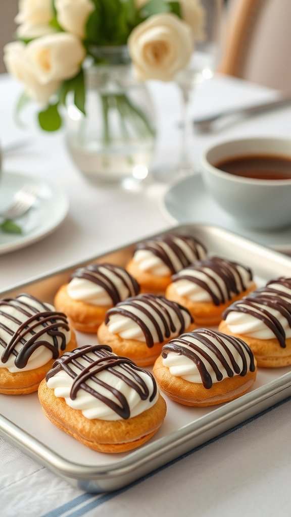 29 Irresistible Mini Desserts Perfect for Any Party Tray of mini eclairs with cream filling and chocolate drizzle