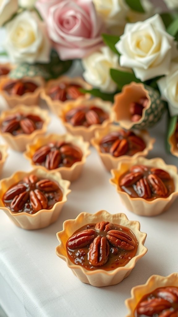 29 Delightful Mini Desserts Perfect for Weddings Mini pecan pies in phyllo cups arranged beautifully with flowers in the background.