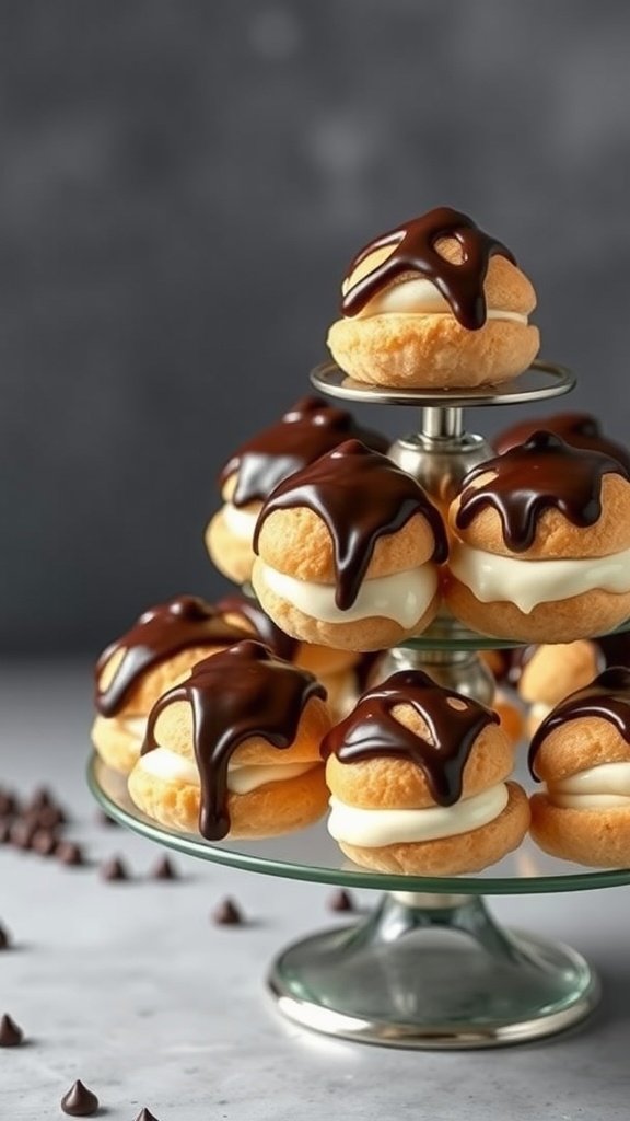 29 Delightful Mini Desserts Perfect for Weddings Mini profiteroles with cream filling and chocolate drizzle on a tiered stand