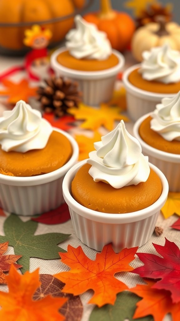 29 Irresistible Mini Desserts Perfect for Any Party Mini pumpkin pie cups topped with whipped cream and surrounded by autumn leaves.