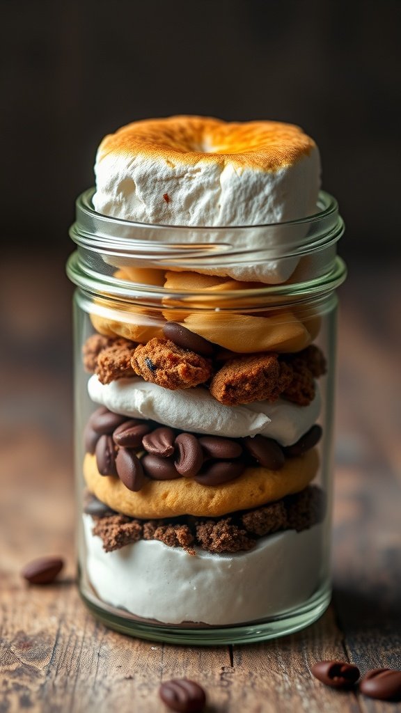 29 Irresistible Mini Desserts Perfect for Any Party Mini S'mores in a Jar dessert with layers of marshmallow, chocolate, and graham crackers.