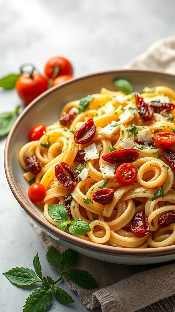 35 Delicious Salad Recipes You Need to Try A bowl of pasta salad with pesto, featuring cherry tomatoes and sun-dried tomatoes.