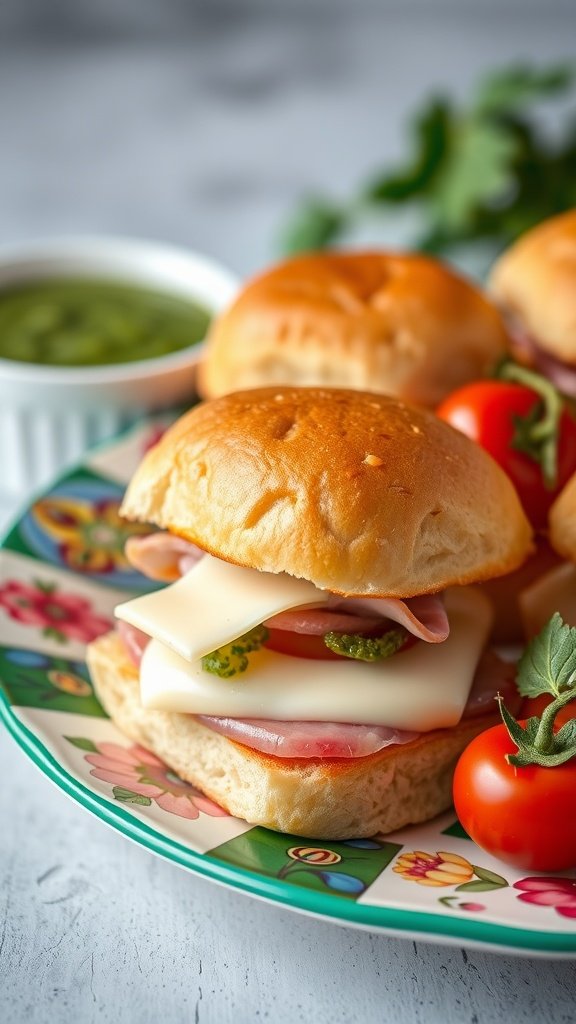 35 Irresistible Ham and Cheese Slider Recipes You’ll Love Pesto ham and cheese sliders on a colorful plate with cherry tomatoes