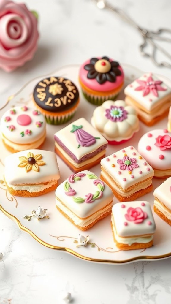 29 Irresistible Mini Desserts Perfect for Any Party Elegant petite fours decorated with colorful icing and floral designs on a plate.