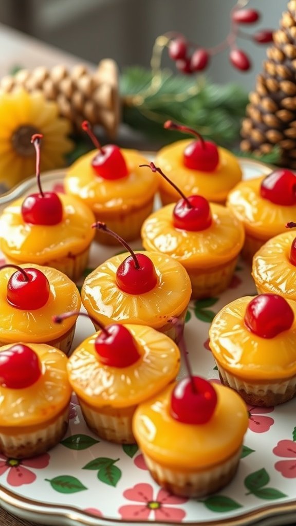 29 Irresistible Mini Desserts Perfect for Any Party Mini pineapple upside-down cake bites topped with cherries