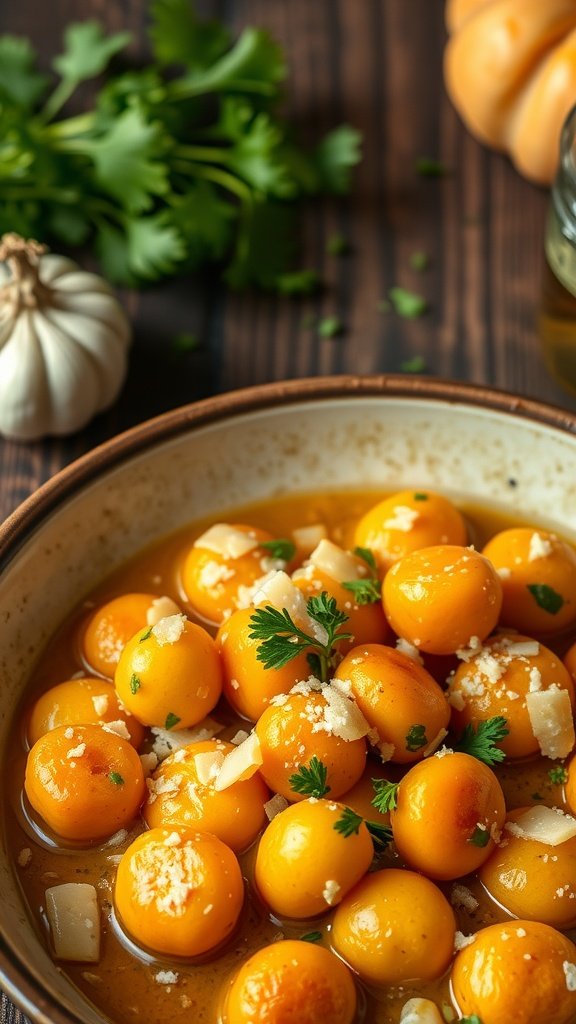 35 Delectable Gnocchi Recipes to Satisfy Your Cravings A bowl of pumpkin gnocchi with garlic and Parmesan, garnished with parsley.
