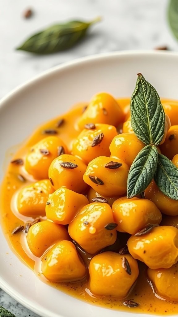 35 Delectable Gnocchi Recipes to Satisfy Your Cravings A plate of pumpkin gnocchi with sage brown butter sauce, garnished with sage leaves.
