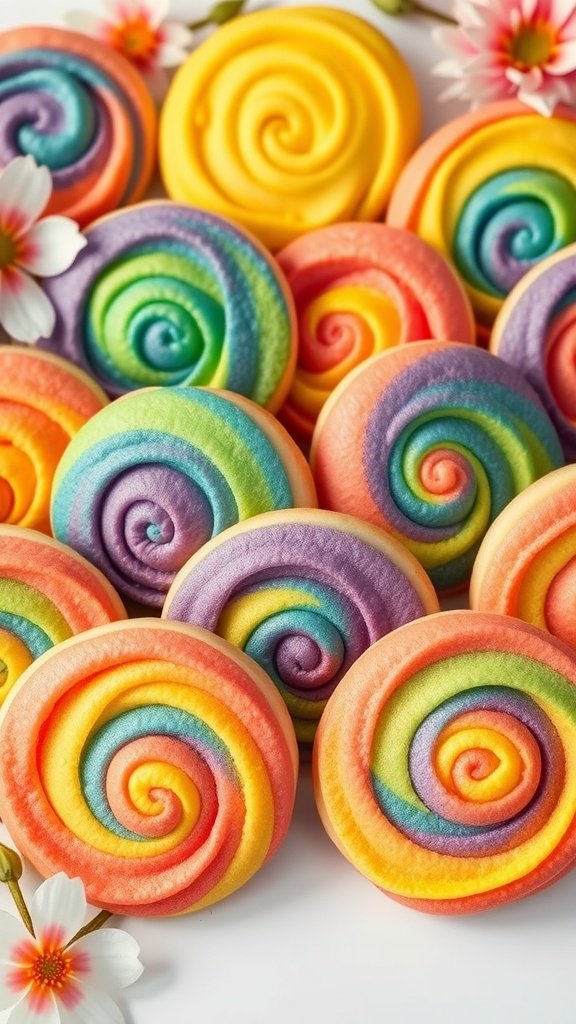 27 Delightful Easter Cookie Recipes to Celebrate the Season Colorful rainbow swirl cookies arranged in a playful manner.