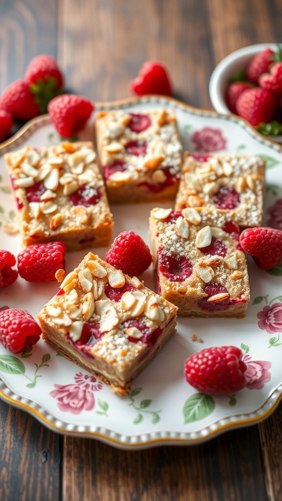 29 Delightful Mini Desserts Perfect for Weddings Delicious raspberry almond bars arranged on a decorative plate with fresh raspberries around them.