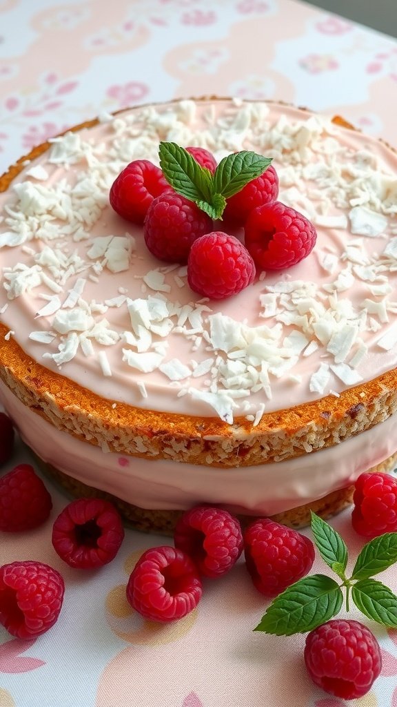 27 Delightful Easter Cake Ideas to Celebrate Spring A beautifully decorated Raspberry Coconut Cream Cake with fresh raspberries and shredded coconut on top.