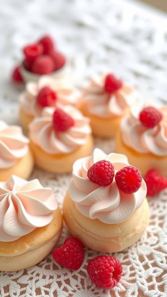 29 Delightful Mini Desserts Perfect for Weddings Delicious raspberry cream puffs decorated with whipped cream and fresh raspberries, perfect for wedding desserts.