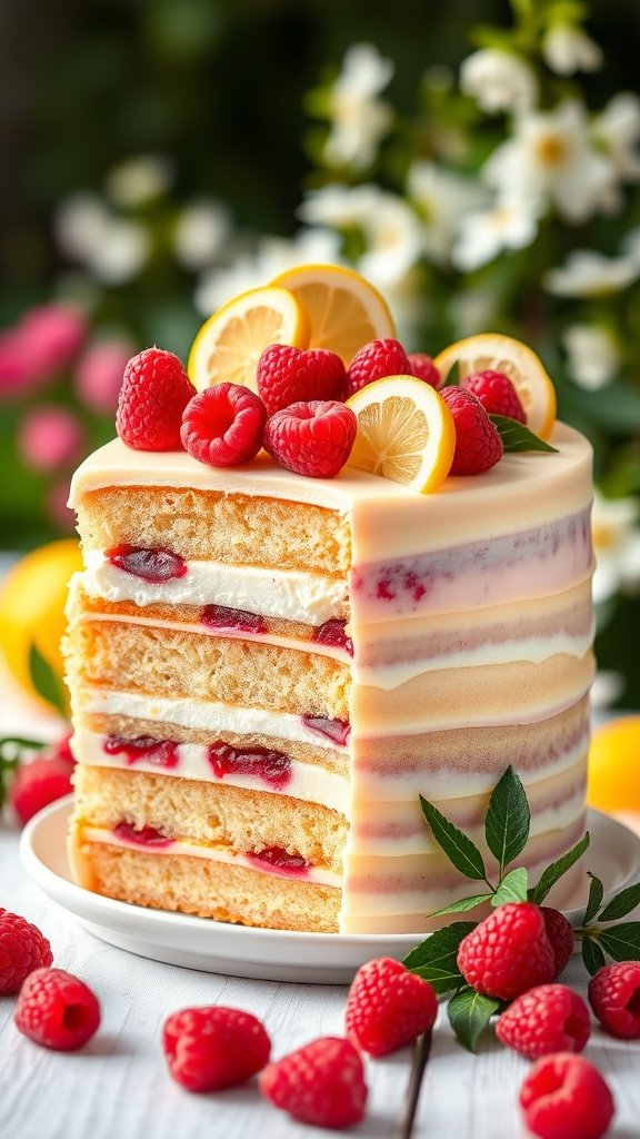 27 Delightful Easter Cake Ideas to Celebrate Spring A beautiful Raspberry Lemonade Layer Cake decorated with raspberries and lemon slices, ideal for Easter celebrations.