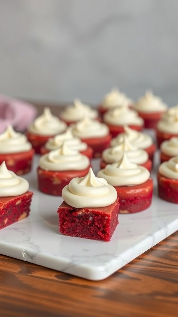 29 Delightful Mini Desserts Perfect for Weddings Plate of red velvet cake bites topped with cream cheese frosting.