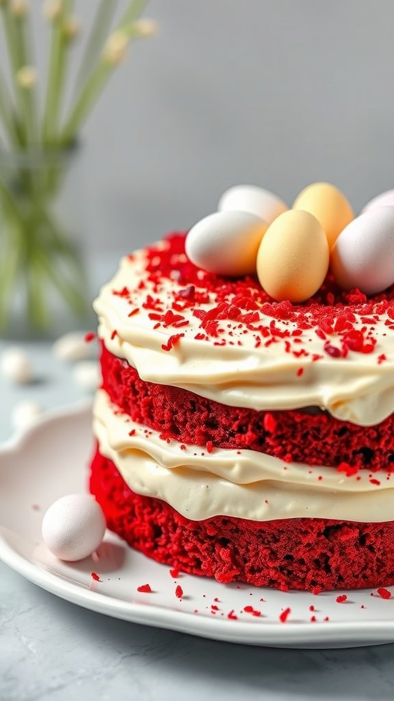 27 Delightful Easter Cake Ideas to Celebrate Spring A festive red velvet cake decorated with frosting and Easter eggs.