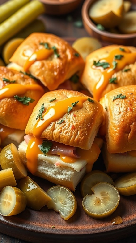35 Irresistible Ham and Cheese Slider Recipes You’ll Love Savory ham and cheese sliders with honey mustard glaze, served with pickles on the side.
